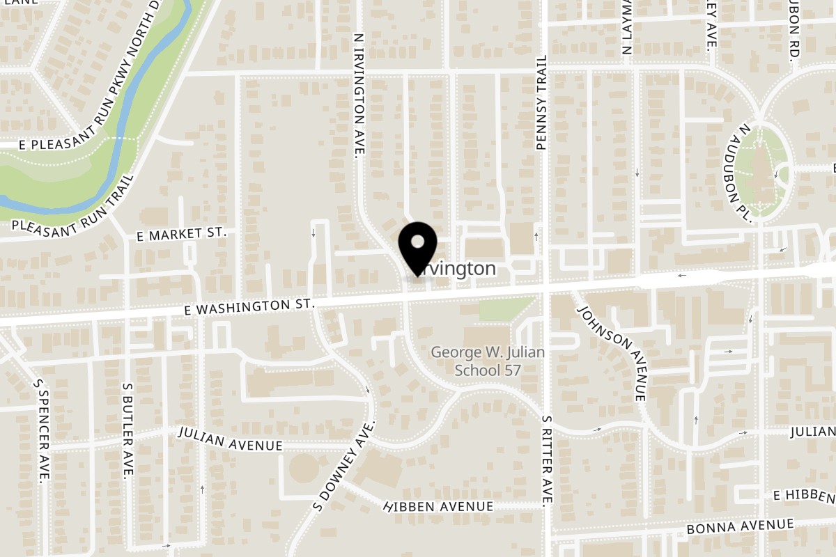 Map showing the location of Chicago Beef and Dog Company on 5402 E Washington St in Indianapolis